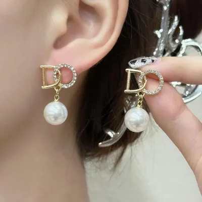  Rhinestone Letter Delicate Big Pearl Pendant Earring